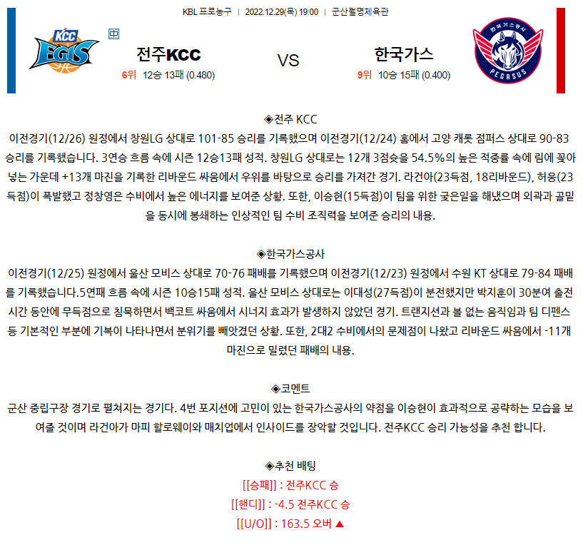 [스포츠무료중계KBL분석] 19:00 전주 KCC vs 대구 한국가스공사