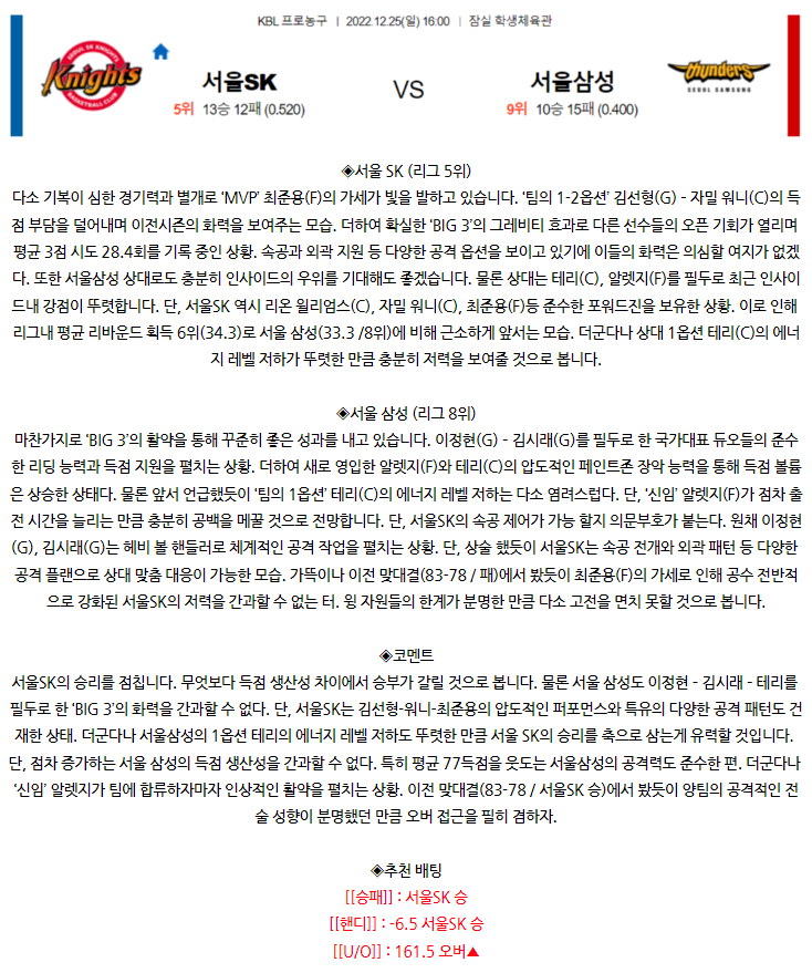 [스포츠무료중계KBL분석] 16:00 서울 SK vs 서울 삼성