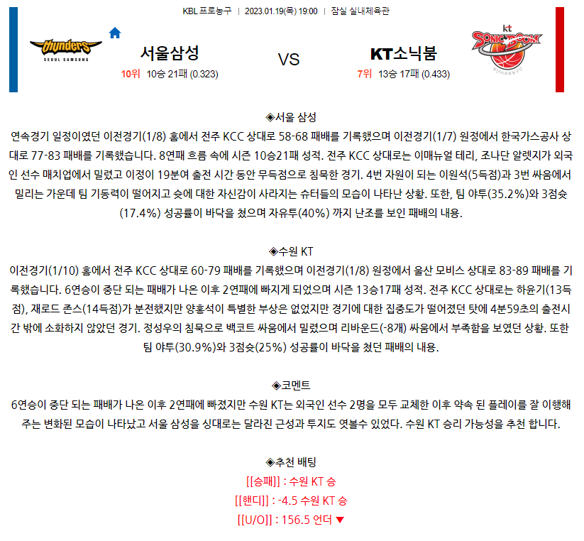 [스포츠무료중계KBL분석] 19:00 서울 삼성 vs 수원 KT
