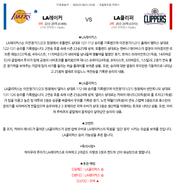 [스포츠무료중계NBA분석] 12:00 LA레이커스 vs LA클리퍼스
