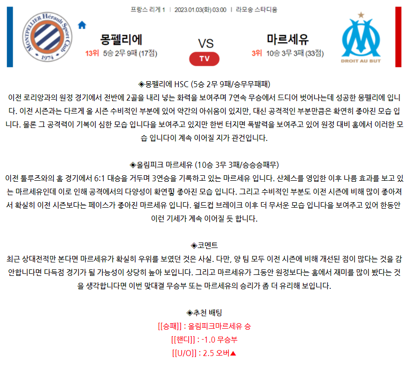 [스포츠무료중계축구분석] 03:00 몽펠리에 HSC vs 올림피크 마르세유