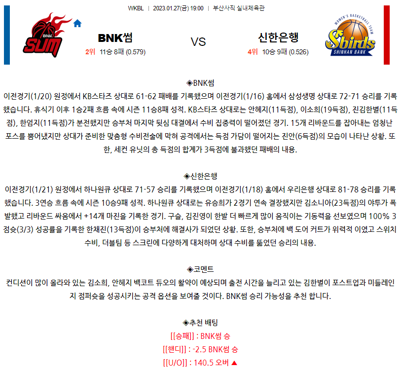 [스포츠무료중계WKBL분석] 19:00 BNK 썸 vs 신한은행