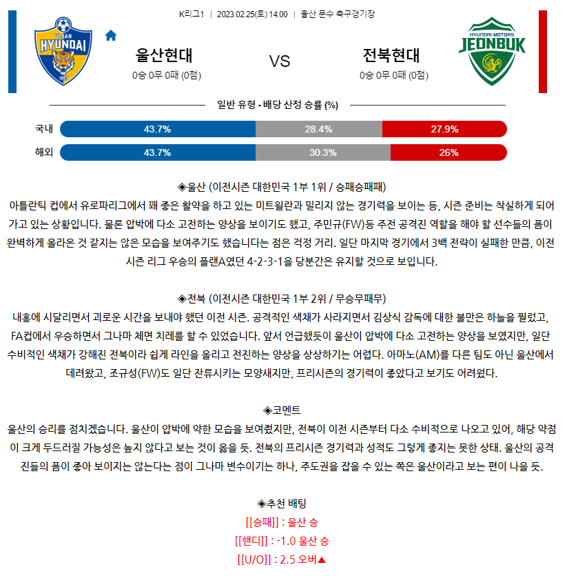[스포츠무료중계축구분석] 14:00 울산현대축구단 vs 전북현대모터스