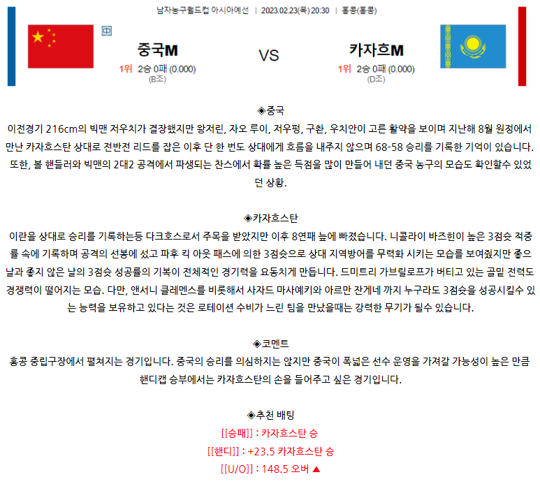 [농구월드컵분석] 20:30 중국 vs 카자흐스탄