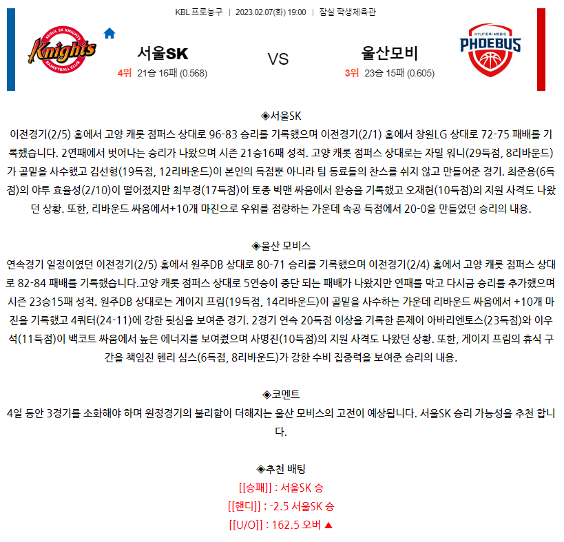 [스포츠무료중계KBL분석] 19:00 서울 SK vs 울산 모비스