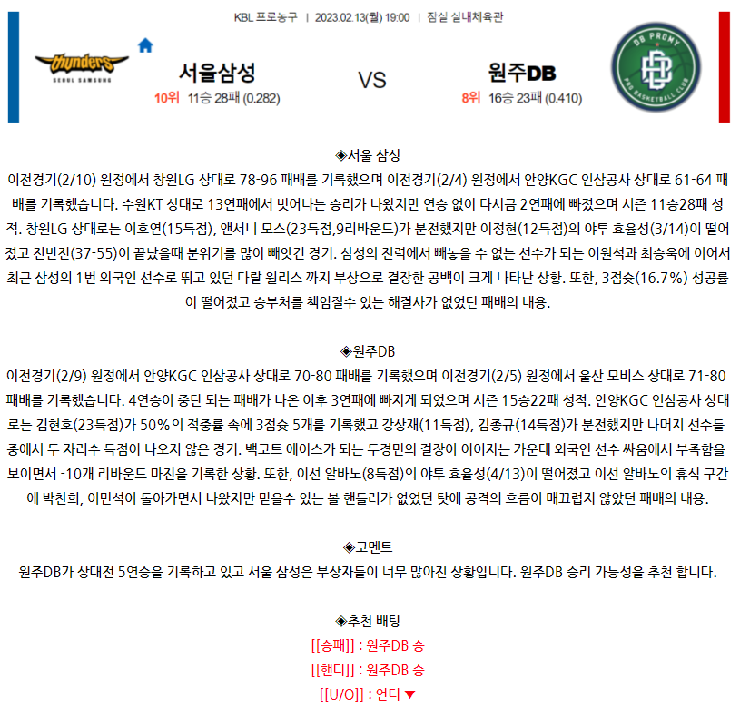 [스포츠무료중계KBL분석] 19:00 서울 삼성 vs 원주 DB
