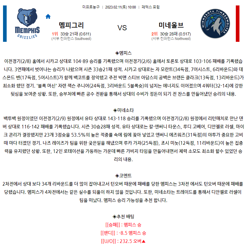 [스포츠무료중계NBA분석] 10:00 멤피스 vs 미네소타
