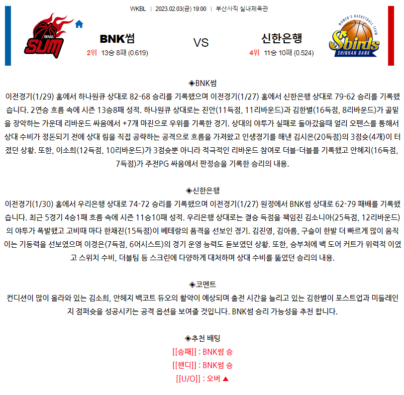 [스포츠무료중계KBL분석] 19:00 BNK 썸 vs 신한은행