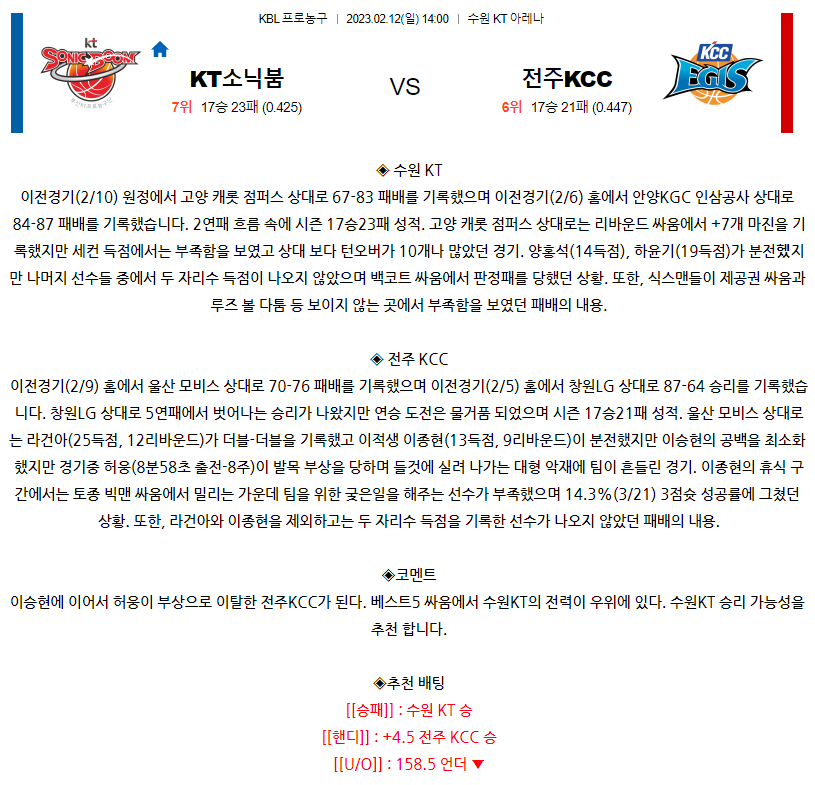 [스포츠무료중계KBL분석] 14:00 수원 KT vs 전주 KCC