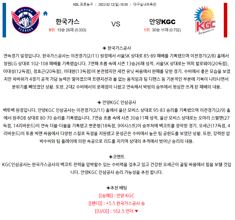 [스포츠무료중계KBL분석] 16:00 대구 한국가스공사 vs 안양 KGC