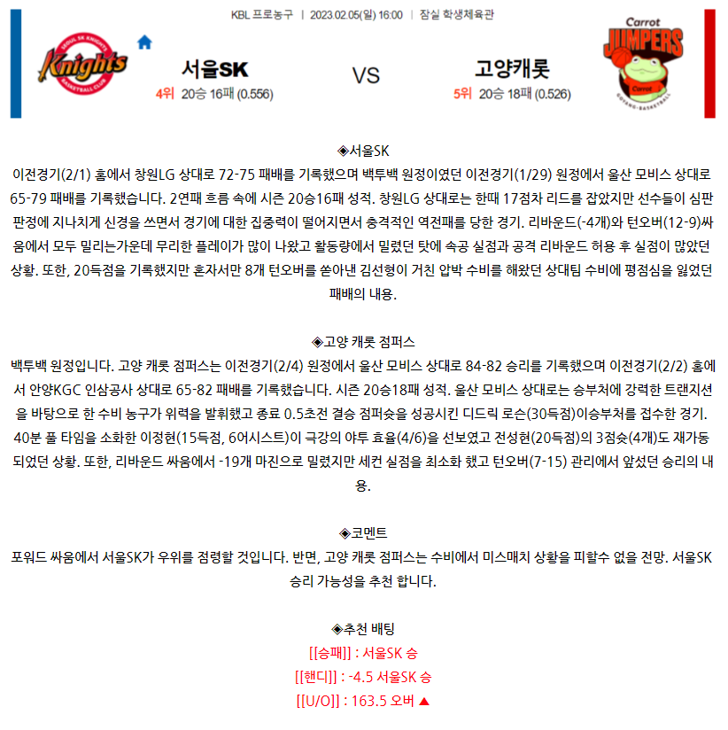 [스포츠무료중계KBL분석] 14:00 서울 SK vs 고양 캐롯