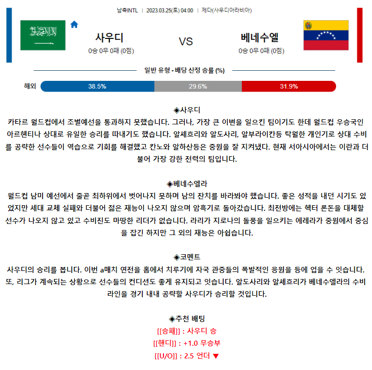 [스포츠무료중계축구분석] 04:00 사우디아라비아 vs 베네수엘라