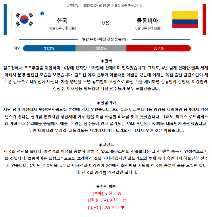 [스포츠무료중계축구분석] 20:00 한국 vs 콜롬비아