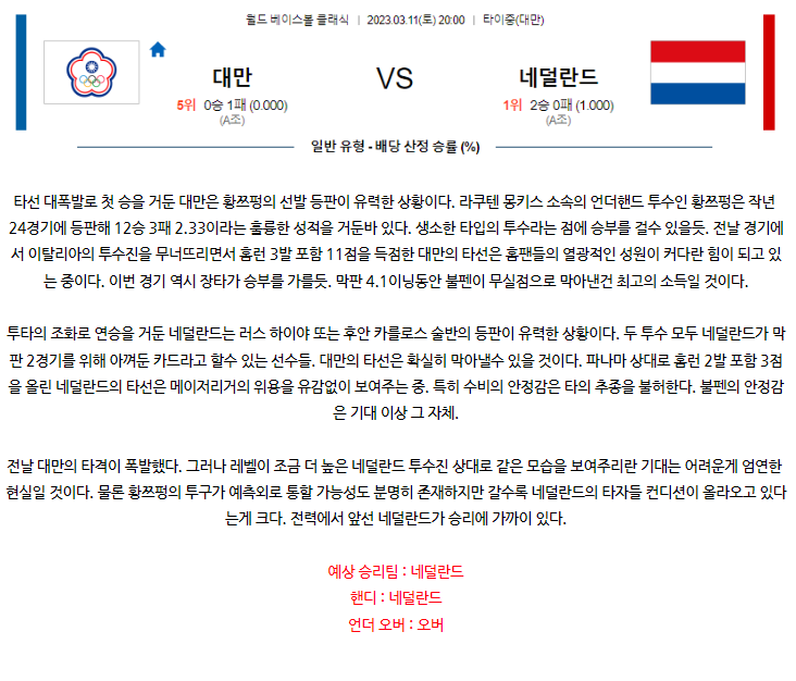 [스포츠무료중계WBC분석] 20:00 대만 vs 네덜란드