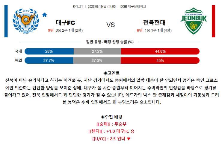 [스포츠무료중계축구분석] 14:00 대구FC vs 전북현대모터스