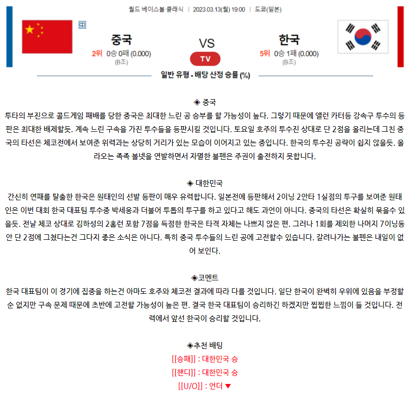 [스포츠무료중계WBC분석] 19:00 중국 vs 대한민국