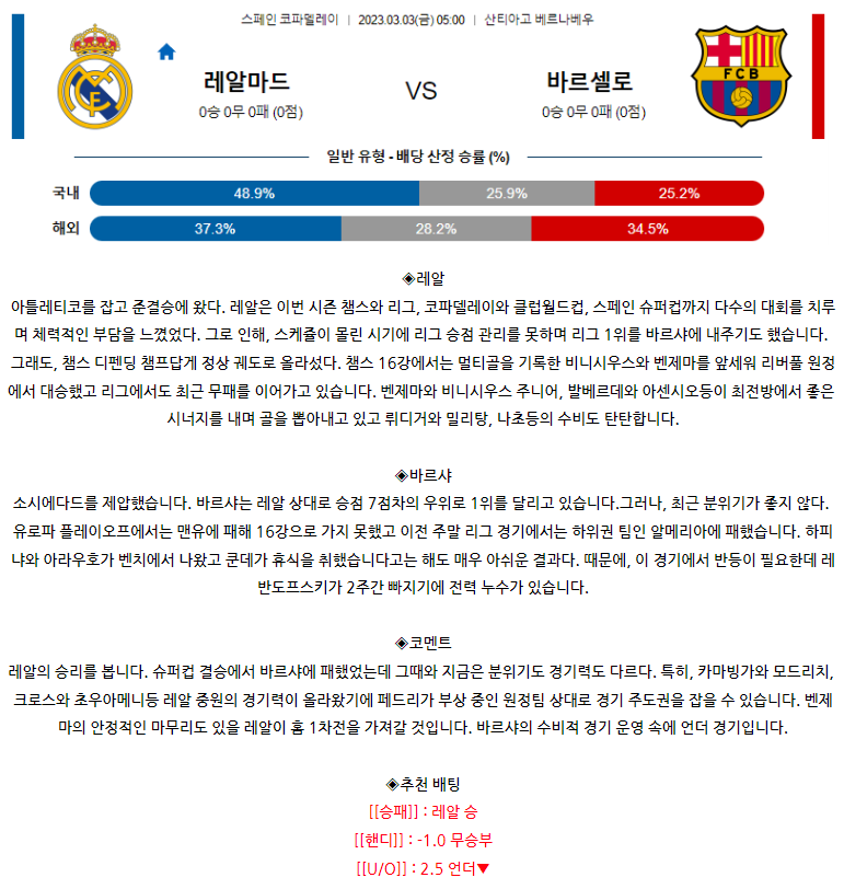 [스포츠무료중계축구분석] 05:00 레알마드리드 vs FC바르셀로나
