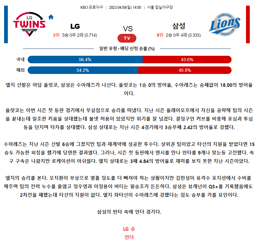 [스포츠무료중계KBO분석] 14:00 LG vs 삼성