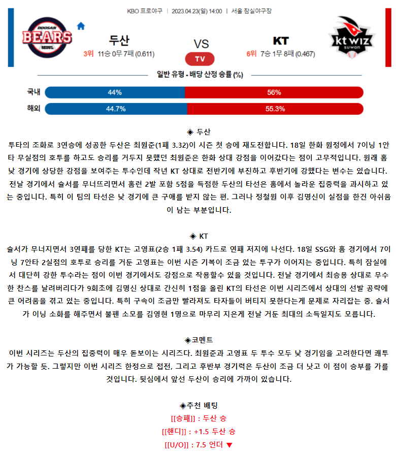 [스포츠무료중계KBO분석] 14:00 두산 vs KT