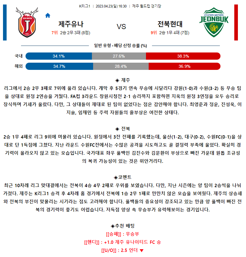 [스포츠무료중계축구분석] 16:30 제주유나이티드FC vs 전북현대모터스
