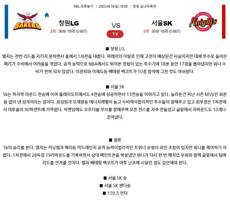 [스포츠무료중계KBL분석] 18:00 창원LG vs 서울SK