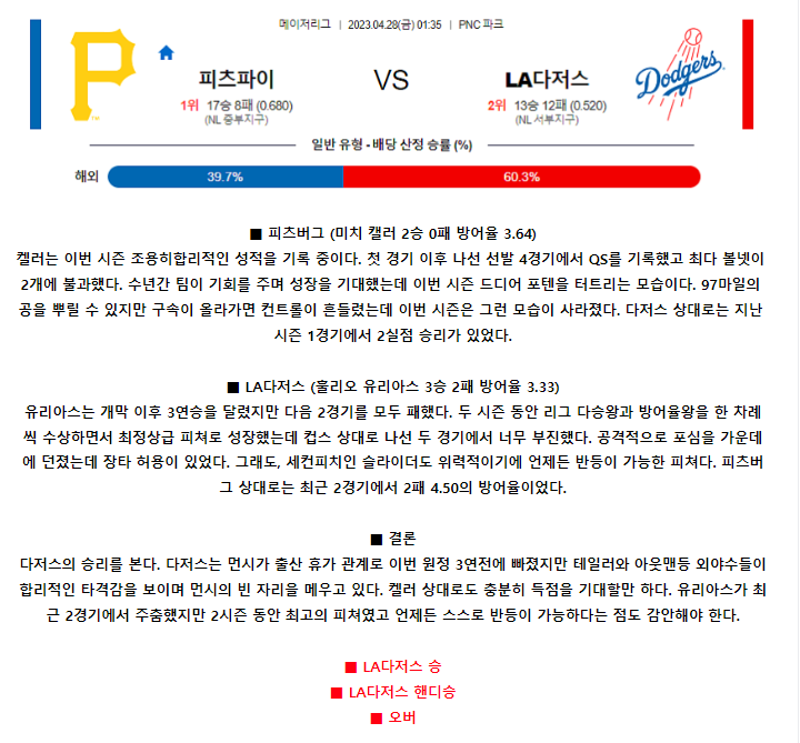 [스포츠무료중계MLB분석] 01:35 피츠버그 vs LA다저스