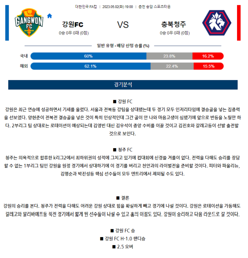 [스포츠무료중계축구분석] 19:00 강원FC vs 청주FC