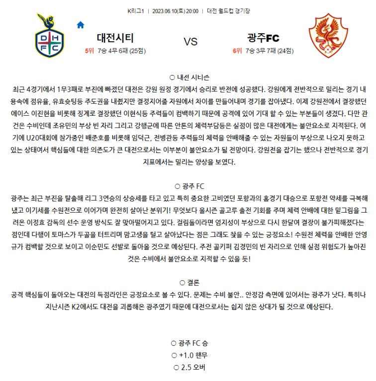 [스포츠무료중계축구분석] 20:00 대전시티즌 vs 광주FC
