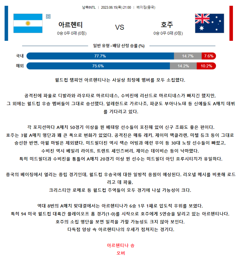 [스포츠무료중계축구분석] 21:00 아르헨티나 vs 호주
