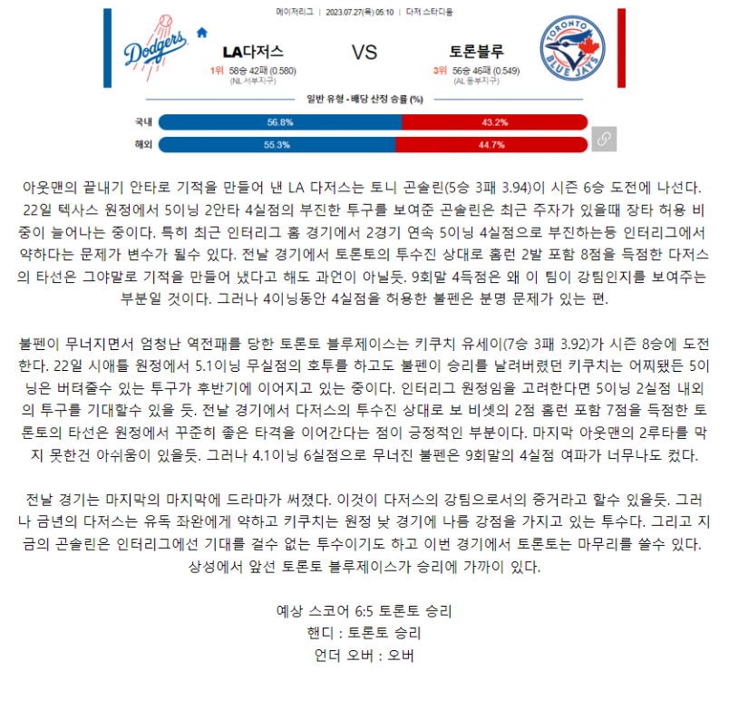 [스포츠무료중계MLB분석] 05:10 LA다저스 vs 토론토