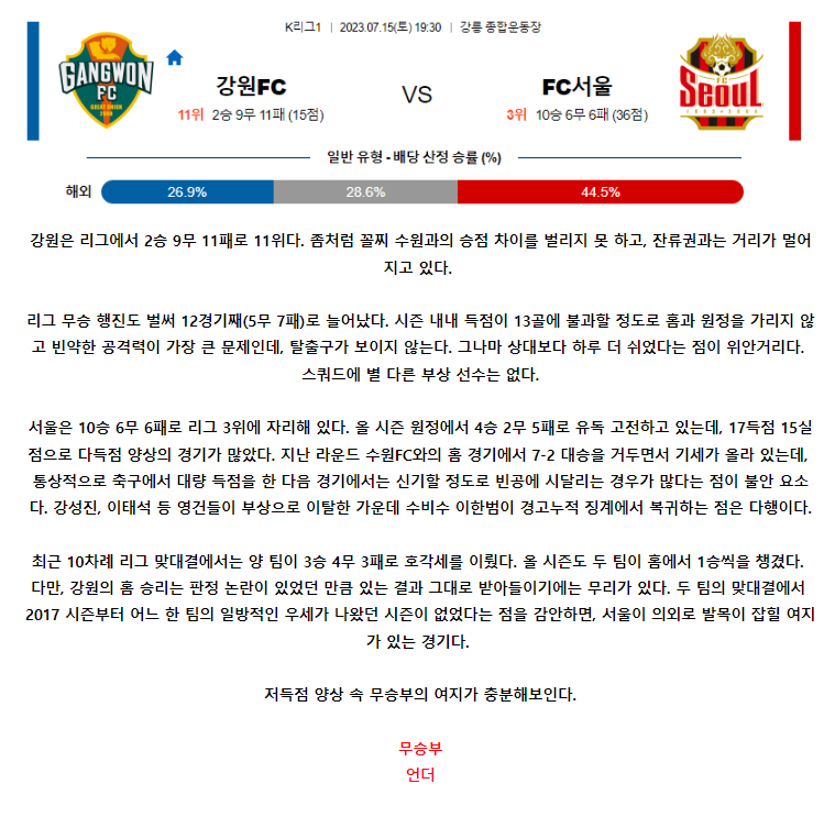 [스포츠무료중계축구분석] 19:30 강원FC vs FC서울