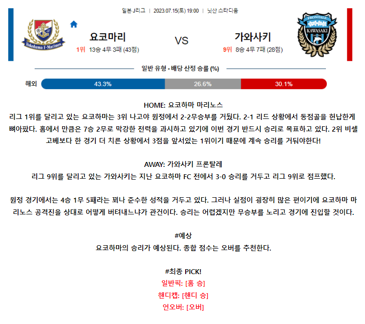 [스포츠무료중계축구분석] 19:00 요코하마F마리노스 vs 가와사키프론탈레