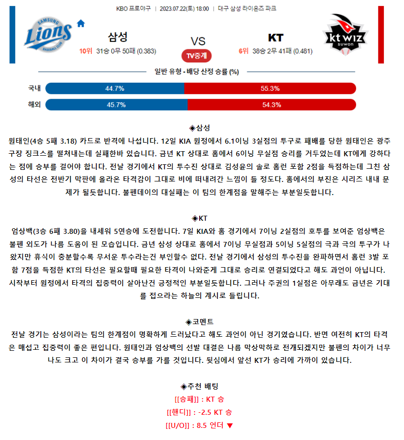 [스포츠무료중계KBO분석] 18:00 삼성 vs KT