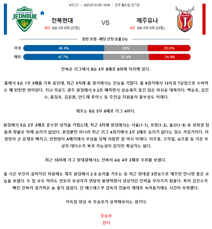 [스포츠무료중계축구분석] 18:00 전북현대모터스 vs 제주유나이티드FC