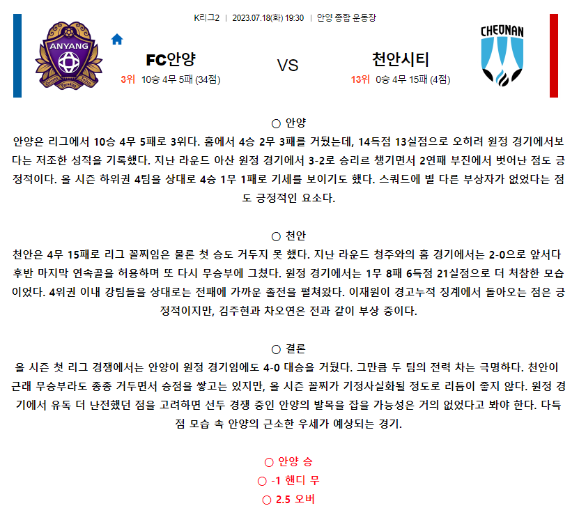 [스포츠무료중계축구분석] 19:30 FC안양 vs 천안시청