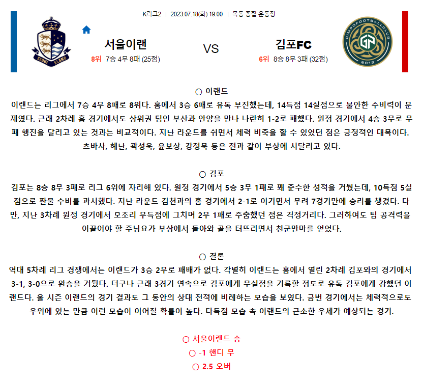 [스포츠무료중계축구분석] 19:00 서울이랜드FC vs 김포시민축구단