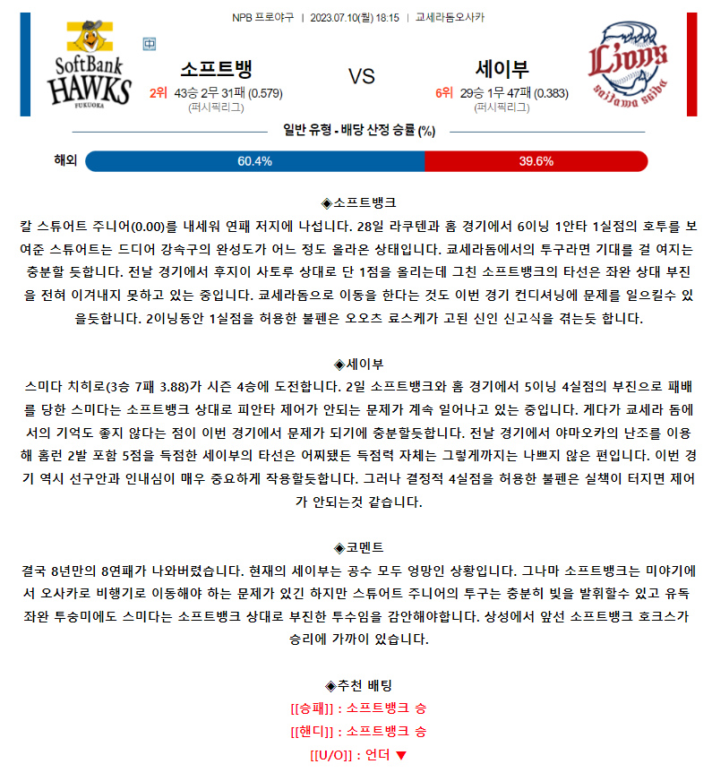 [스포츠무료중계NPB분석] 18:15 소프트뱅크 vs 세이부