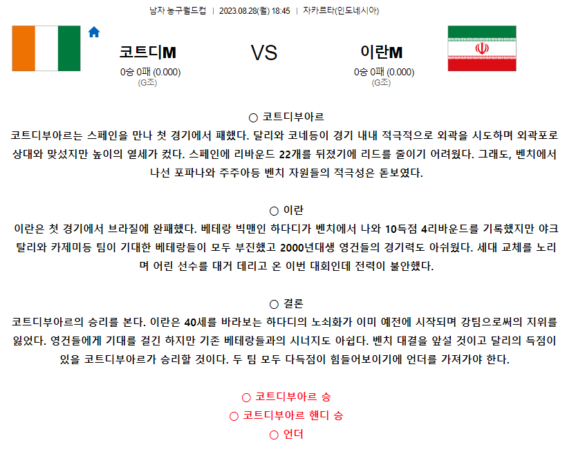 [스포츠무료중계농구분석] 18:45 코트디부아르 vs 이란
