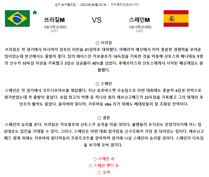 [스포츠무료중계농구분석] 22:30 브라질 vs 스페인