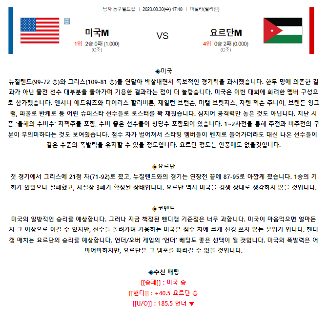 [스포츠무료중계농구분석] 17:40 미국 vs 요르단
