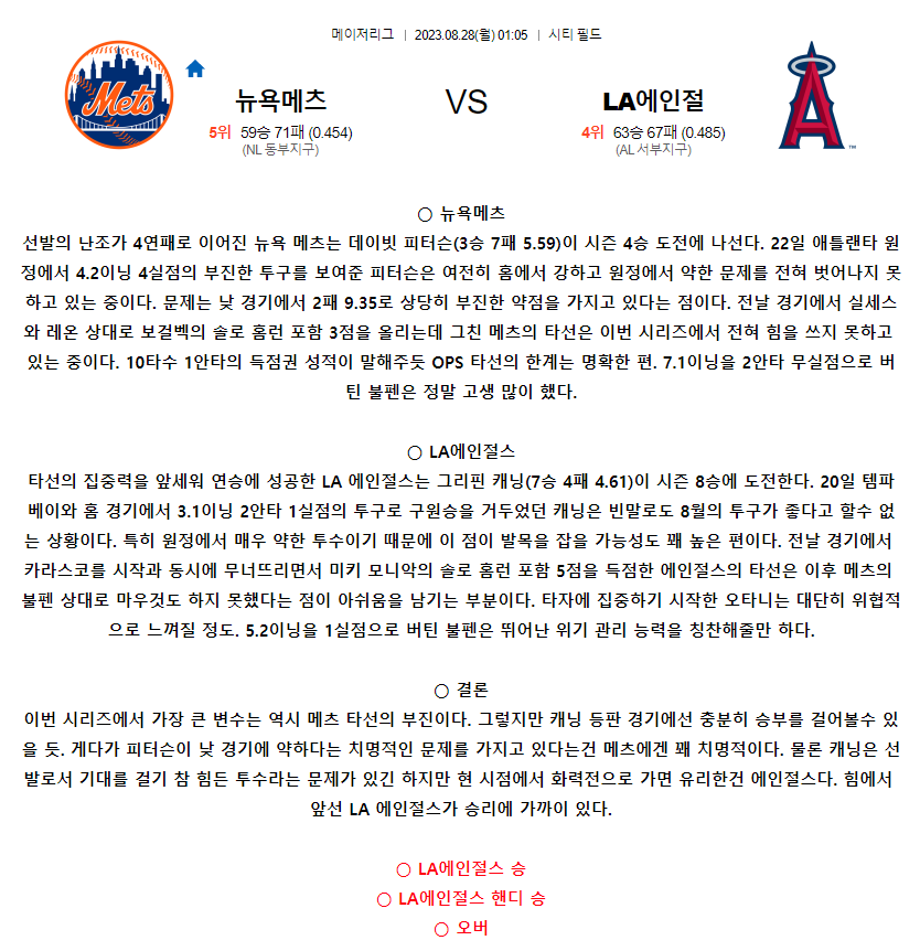 [스포츠무료중계MLB분석] 01:05 뉴욕메츠 vs LA에인절스