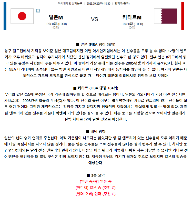 [스포츠무료중계농구분석] 18:30 일본 vs 카타르