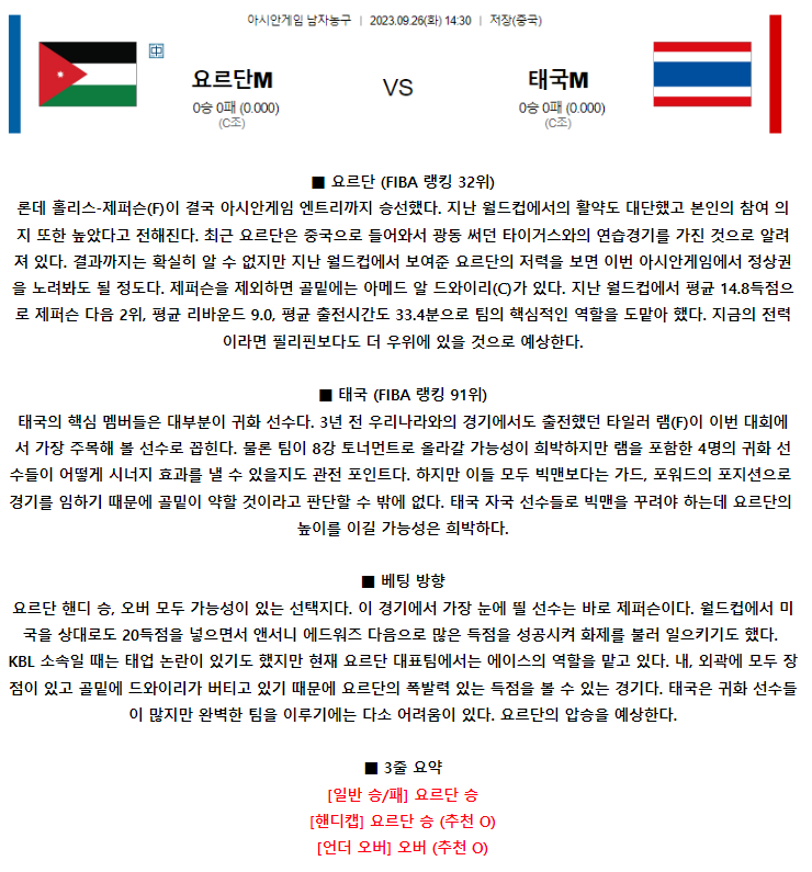 [스포츠무료중계농구분석] 14:30 요르단 vs 태국