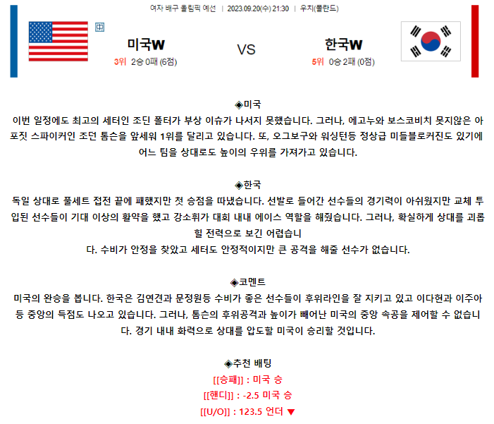 [스포츠무료중계배구분석] 21:30 미국(W) vs 대한민국(W)