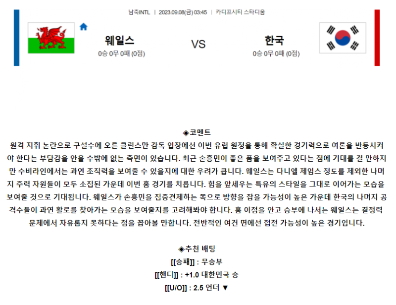 [스포츠무료중계축구분석] 03:45 웨일스 vs 대한민국