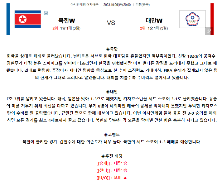 [스포츠무료중계배구분석] 20:00 북한 vs 대만