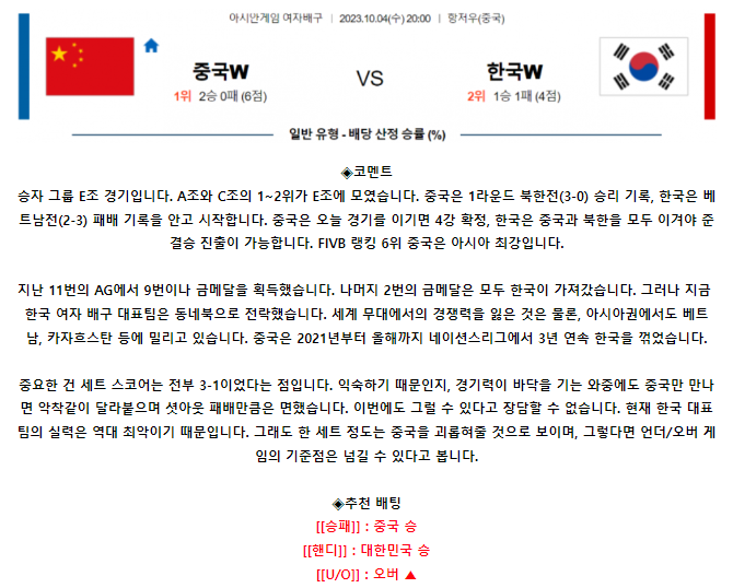 [스포츠무료중계배구분석] 20:00 중국(W) vs 한국(W)