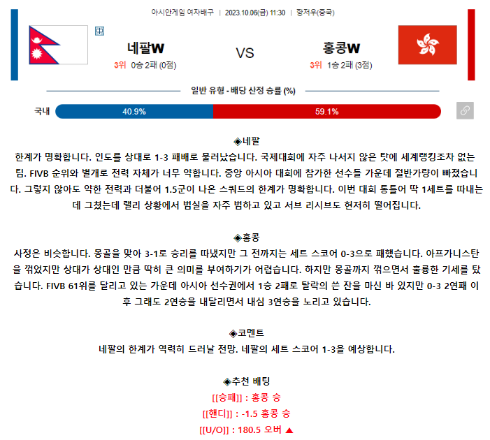 [스포츠무료중계배구분석] 11:30 네팔 vs 홍콩