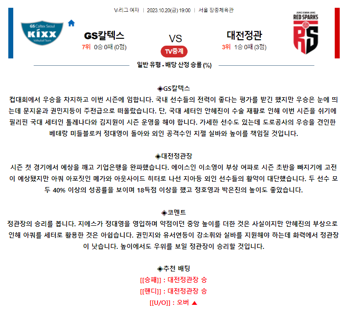 [스포츠무료중계KOVO분석] 19:00 GS칼텍스 vs 정관장