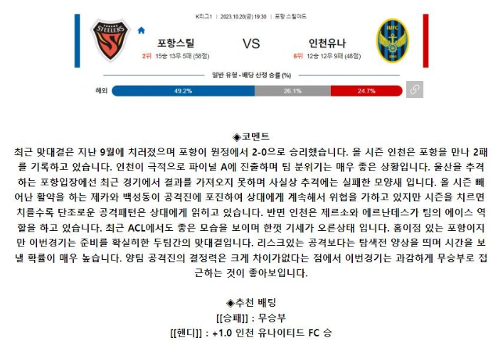[스포츠무료중계축구분석] 19:30 포항스틸러스 vs 인천유나이티드FC